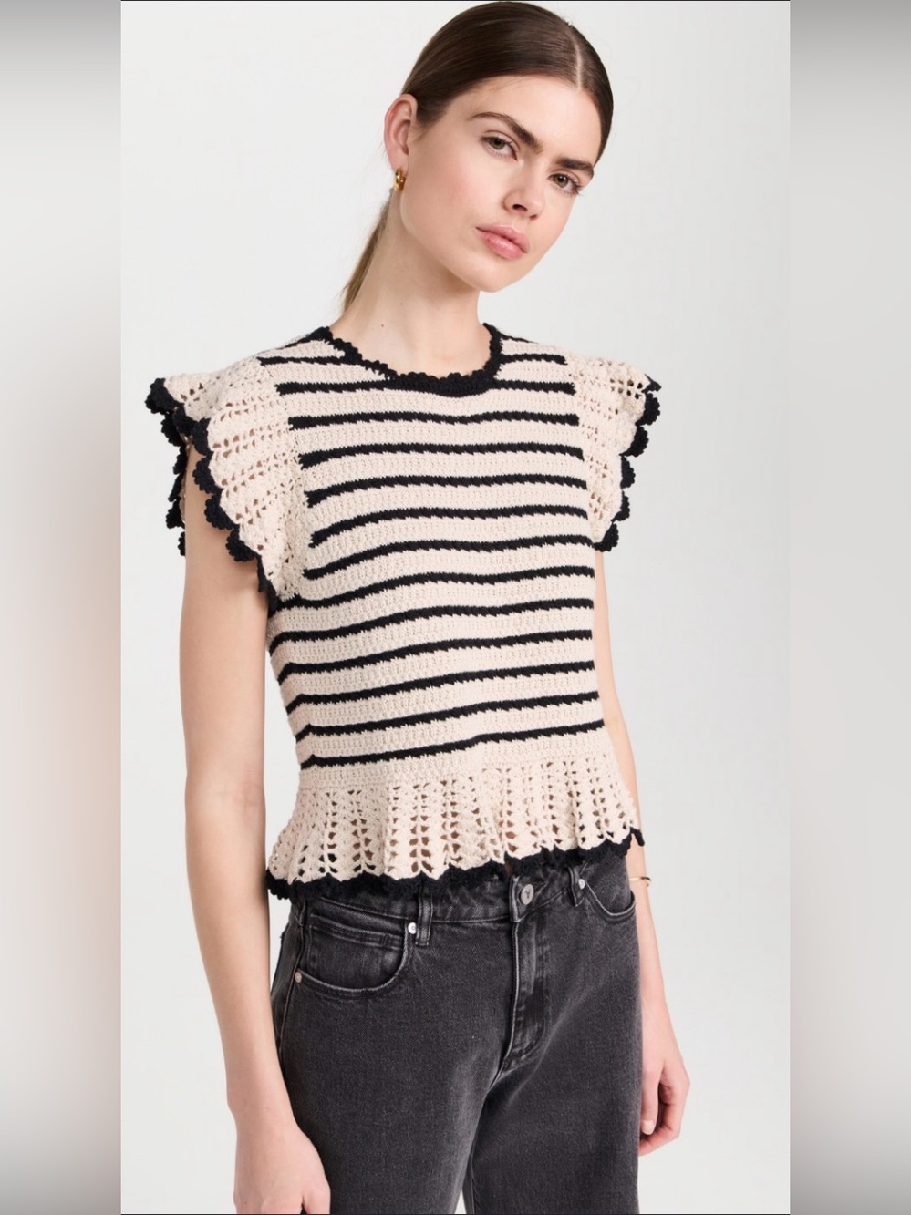Rails Coen Striped Crochet Flutter Sleeve Top in Oatmeal and Black